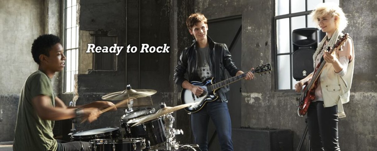 photo of a band playing yamaha instrument with the text ready to rock